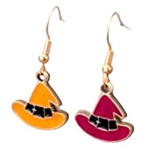 Halloween Mismatched Earrings - Orange and Purple Witch Hats Dangle  - 0.65" L